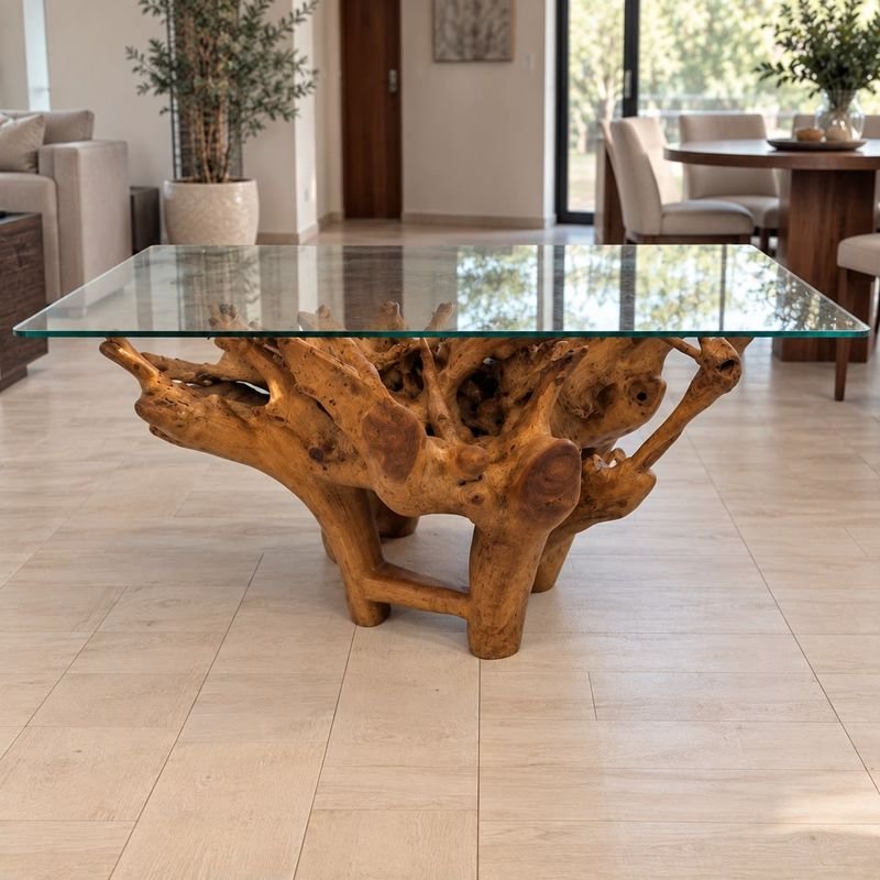 Mesa de centro raíz con vidrio