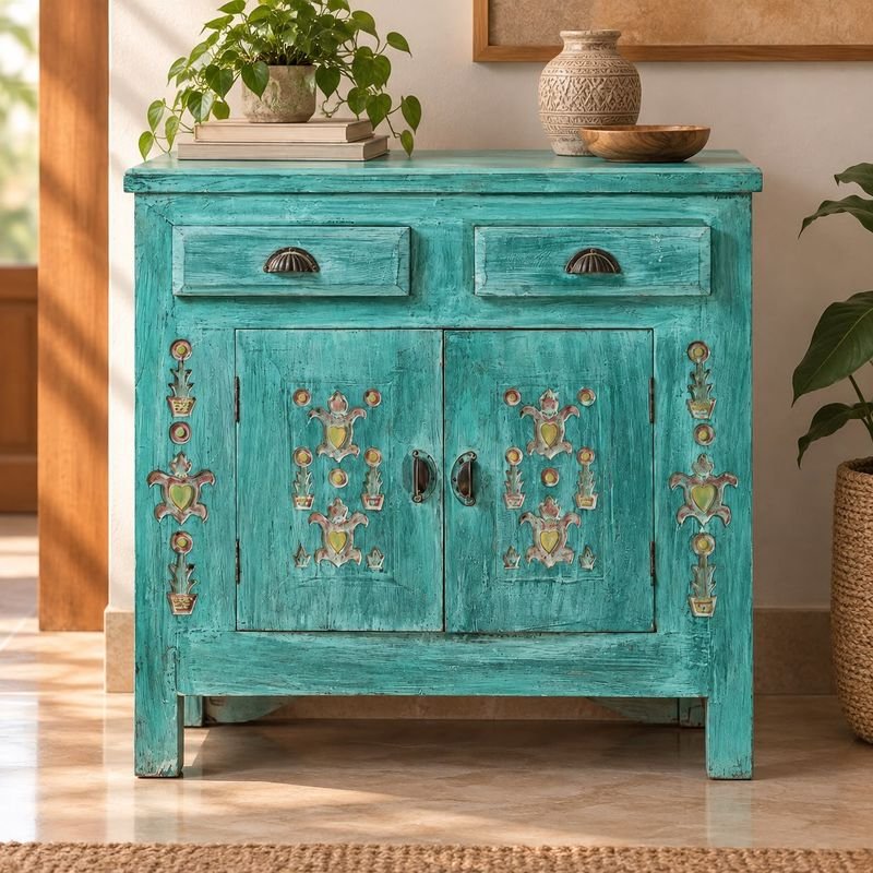 Cómoda turquesa con detalles dorados